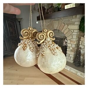 Handcrafted Hanging Drop Shaped Ornament (pair of 2) Pearl Decorated